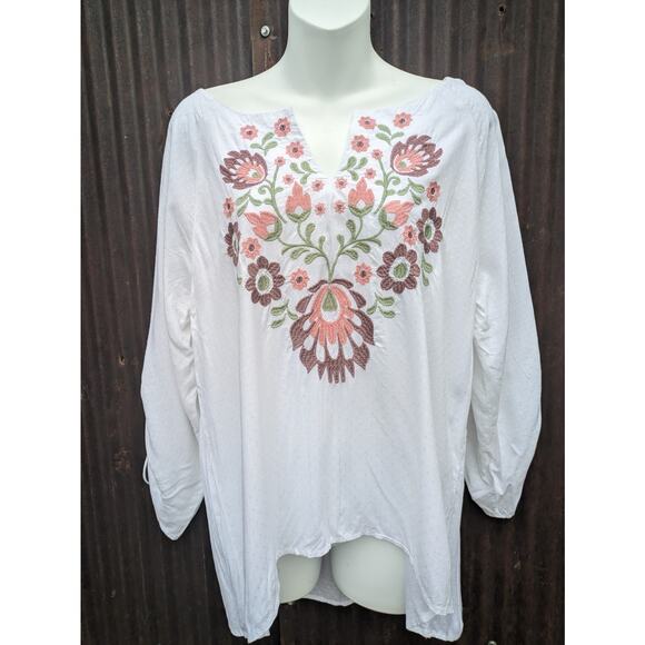 Ariat Peasant Blouse Women Medium White Floral Embroidered Western Boho Hippie - Picture 1 of 12
